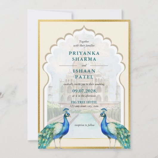 Indiase Pauw Goud Taj Mahal Esthetische bruiloft Kaart (Voorkant)