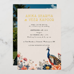 Indiase Pauwbloemen Foto Bruiloft Save the Date Folie Uitnodiging