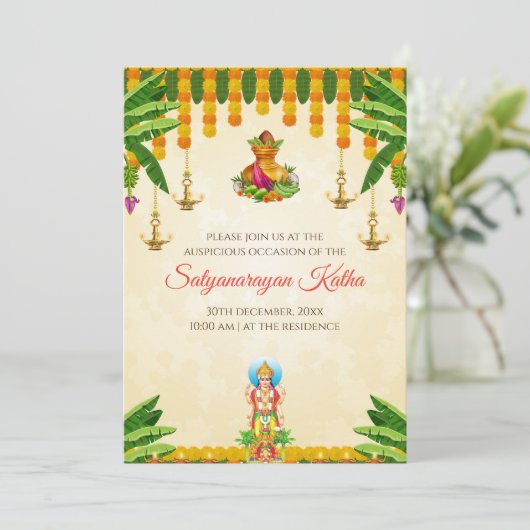 Indiase poja nodigen Satyanarayan katha uitnodigin Kaart (Staand voorkant)