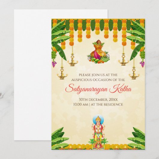 Indiase poja nodigen Satyanarayan katha uitnodigin Kaart (Voorkant / Achterkant)
