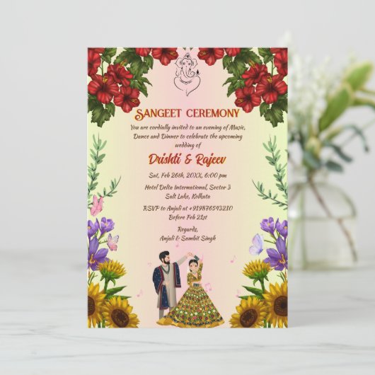 Indiase Pre bruiloft Sangeet ceremonie Kaart (Staand voorkant)