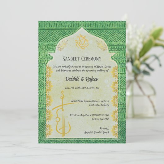 Indiase pre-bruiloft Sangeet ceremonie uitnodiging (Staand voorkant)