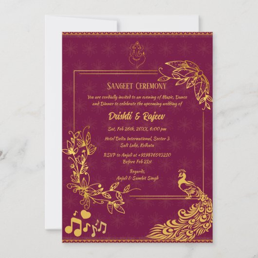 Indiase pre-bruiloft Sangeet ceremonie uitnodiging (Voorkant)