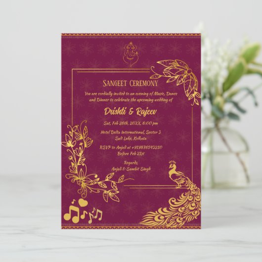 Indiase pre-bruiloft Sangeet ceremonie uitnodiging (Staand voorkant)