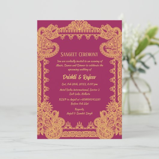 Indiase pre-bruiloft Sangeet ceremonie uitnodiging (Staand voorkant)