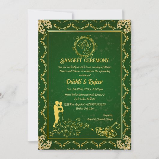 Indiase pre-bruiloft Sangeet ceremonie uitnodiging (Voorkant)