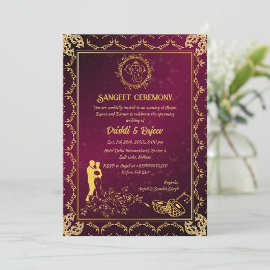 Indiase pre-bruiloft Sangeet ceremonie uitnodiging (Staand voorkant)