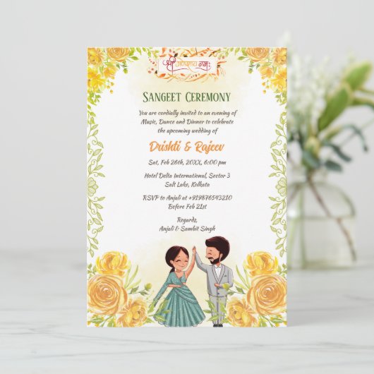 Indiase pre-bruiloft Sangeet ceremonie uitnodiging (Staand voorkant)