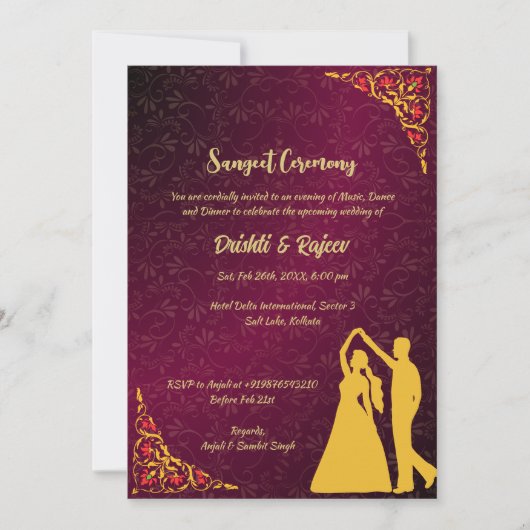 Indiase pre-bruiloft Sangeet ceremonie uitnodiging (Voorkant)