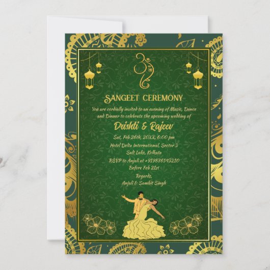 Indiase pre-bruiloft Sangeet ceremonie uitnodiging (Voorkant)