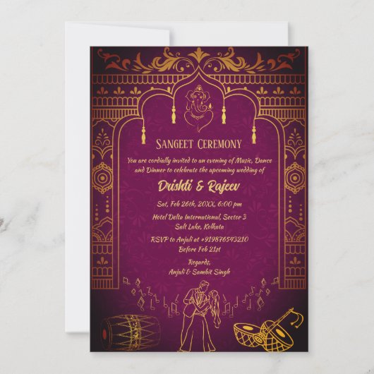 Indiase pre-bruiloft Sangeet ceremonie uitnodiging (Voorkant)