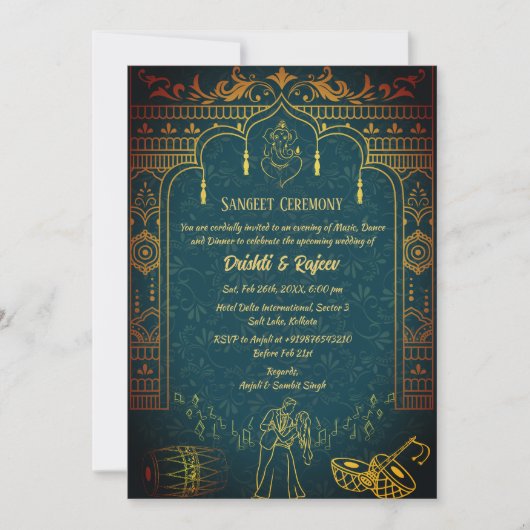 Indiase pre-bruiloft Sangeet ceremonie uitnodiging (Voorkant)