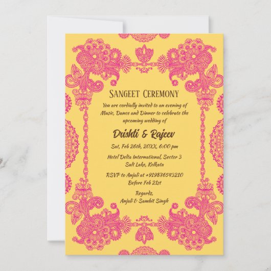 Indiase pre-bruiloft Sangeet ceremonie uitnodiging (Voorkant)