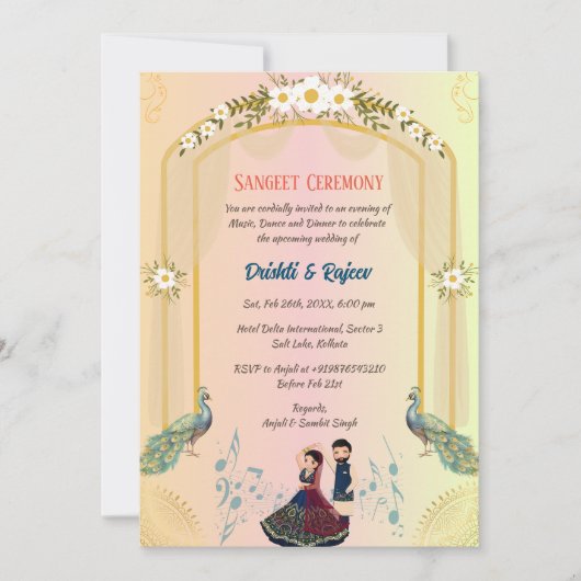 Indiase pre-bruiloft Sangeet ceremonie uitnodiging (Voorkant)