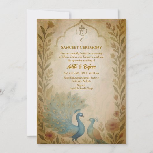 Indiase pre-bruiloft Sangeet Ceremony Pauw Bloemen Kaart (Voorkant)