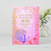 Indiase pre-bruiloft Sangeet Ceremony Pauw Bloemen Kaart (Staand voorkant)