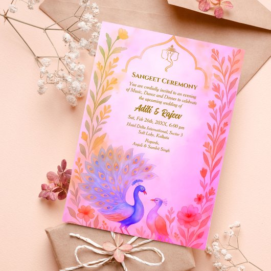 Indiase pre-bruiloft Sangeet Ceremony Pauw Bloemen Kaart