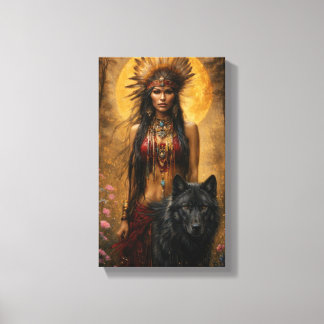 Indiase prinses loopt met haar wolfbewaker canvas afdruk