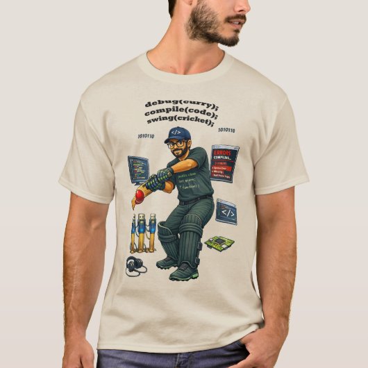 Indiase software engineer programmeur speelt crick t-shirt (Voorkant)