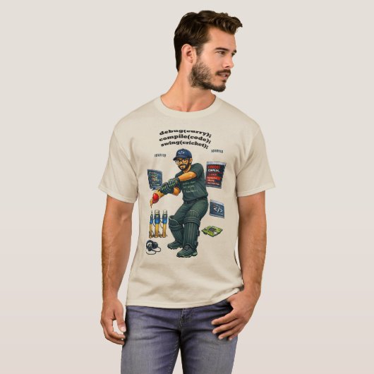 Indiase software engineer programmeur speelt crick t-shirt (Voorkant volledig)