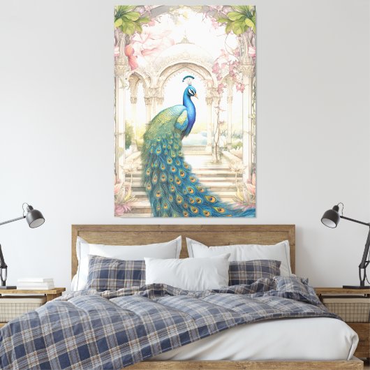 Indiase stijl bloementuin Peacock Canvas Afdruk (Insitu (Slaapkamer))
