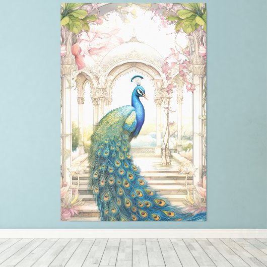 Indiase stijl bloementuin Peacock Canvas Afdruk (Insitu (Houten vloer))