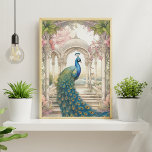 Indiase stijl bloementuin Peacock Poster<br><div class="desc">Elegante waterverf kunst met prachtige pauw met Indische bogen op de achtergrond met roze bloemetjes.</div>