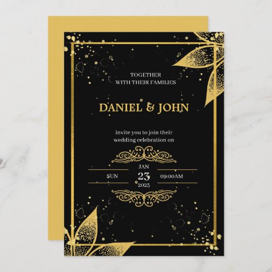 Indiase stijl bruiloft uitnodiging: zwart en goud kaart (Voorkant / Achterkant)