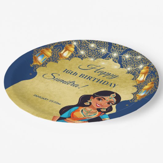 Indiase stijl meisjes verjaardagsfeestje gedrukte  papieren bordje (Gekanteld)