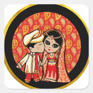 Indiase Trouw Cute Bruid Bruidegom Cartoon Op Maat Vierkante Sticker