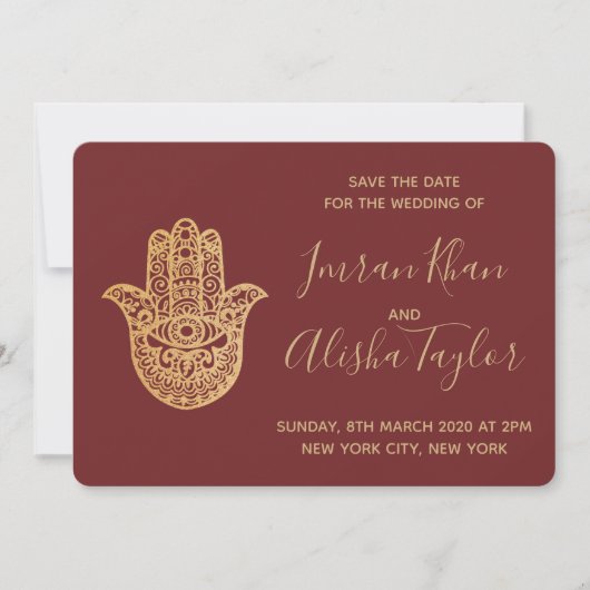 Indiase Trouwdag Bewaar de datum Goud hamsa Henna Save The Date (Voorkant)