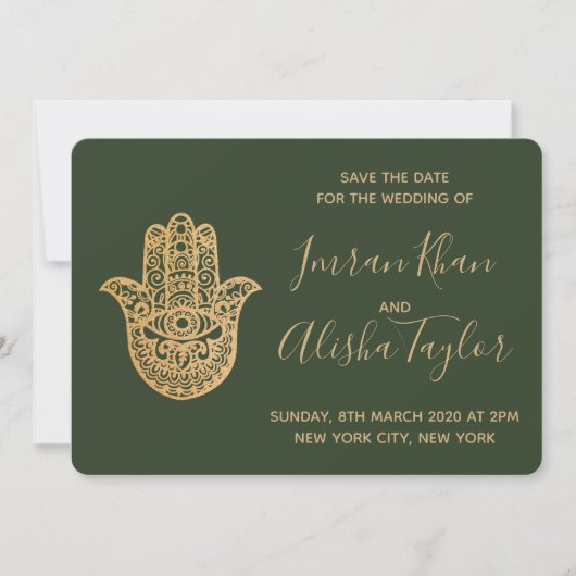 Indiase Trouwdag Bewaar de datum Goud hamsa Henna Save The Date (Voorkant)