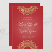 Indiase Trouwdag, Bewaar de Datum, Rood en Goud Save The Date (Voorkant / Achterkant)