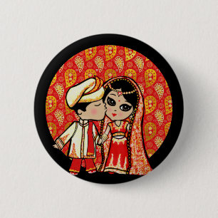 Indiase Trouwdag Lieve Bruid Bruidegom Cartoon Ronde Button 5,7 Cm