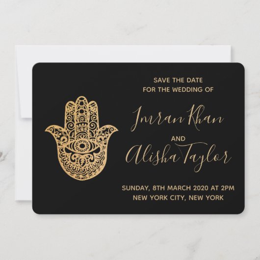 Indiase Trouwdag Save the date Goud hamsa Henna (Voorkant)