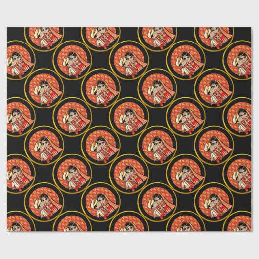 Indiase Trouwdag Schattige Bruid Bruidegom Cartoon Cadeaupapier (Vlak)