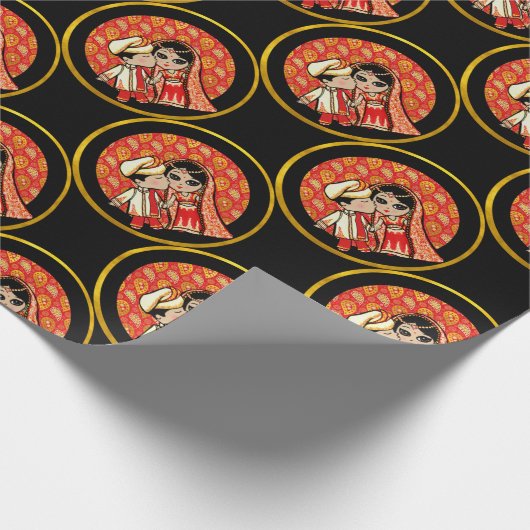 Indiase Trouwdag Schattige Bruid Bruidegom Cartoon Cadeaupapier (Hoek)