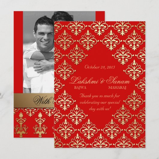 Indiase uitnodigingsfoto kaart Damaskus rood goud (Voorkant / Achterkant)