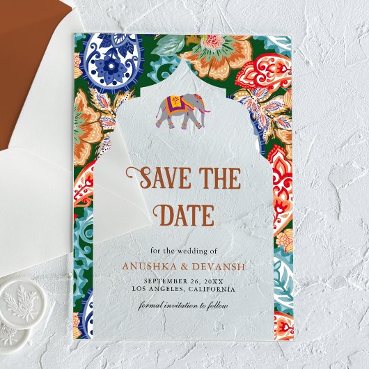 Indiase volkskunst olifant bruiloft Save the Date Acryl Uitnodigingen