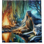 Indiase vrouw bindt zich met wolf bij zonsondergan douchegordijn (Voorkant)