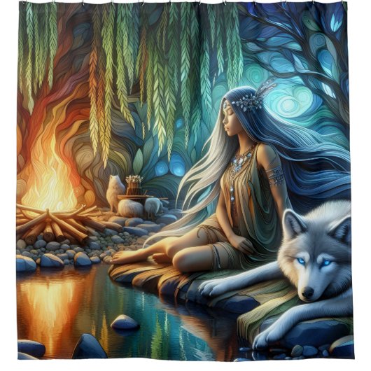 Indiase vrouw bindt zich met wolf bij zonsondergan douchegordijn (Voorkant)