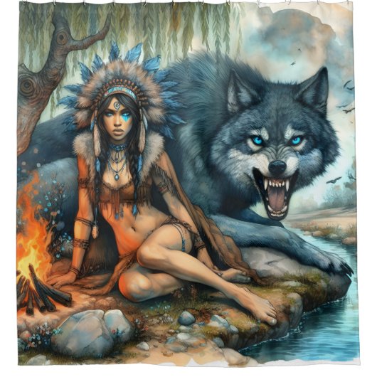 Indiase vrouw en haar sterke wolvenvriend douchegordijn (Voorkant)