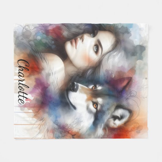 Indiase vrouw en wolf geest van het wild fleece deken (Voorkant (Horizontaal))