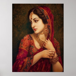 Indiase vrouw in Red Saree Portret Painting Poster