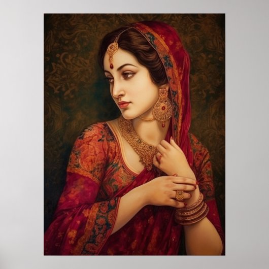 Indiase vrouw in Red Saree Portret Painting Poster (Voorkant)