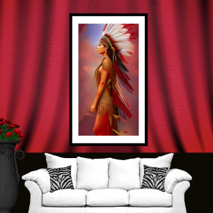 Indiase vrouw rood gouden veren blauw poster
