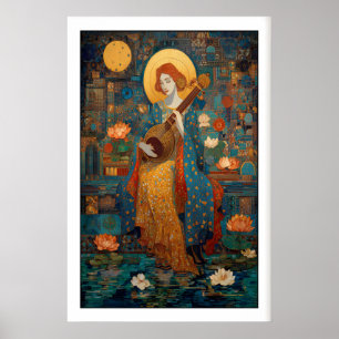 Indiase wandkunst Saraswati Veena print, Lotus en Poster