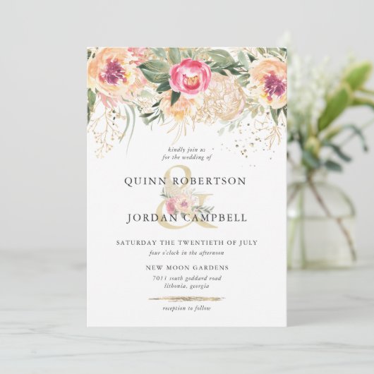 Indiase zomer | Waterverf roze pioenen bruiloft Kaart (Staand voorkant)