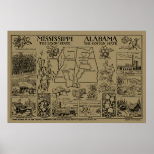 indicatieve kaart Alabama en Mississippi Poster