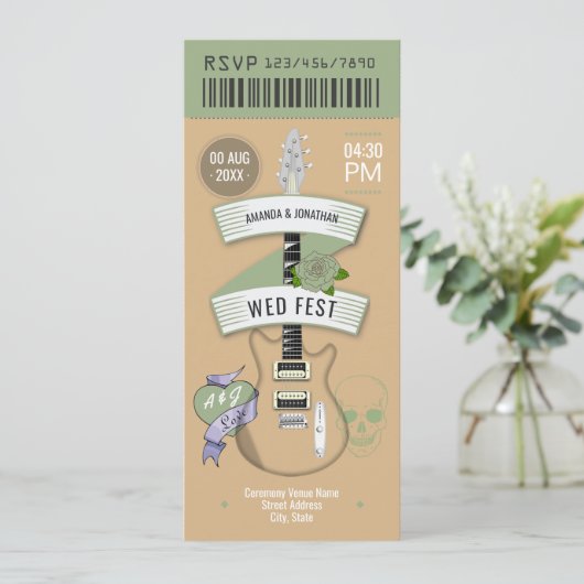 Indie Acoustic Rock ’n’ Roll Wedding Ticket Kaart (Staand voorkant)